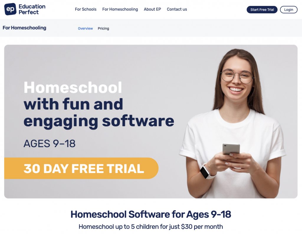 A screenshot of Education Perfect homeschool curriculum's webpage.