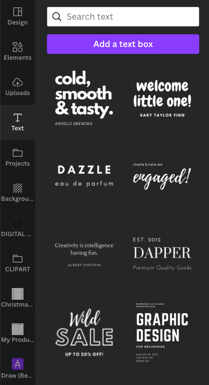 A screenshot of Canva's text tool, with font pairings.