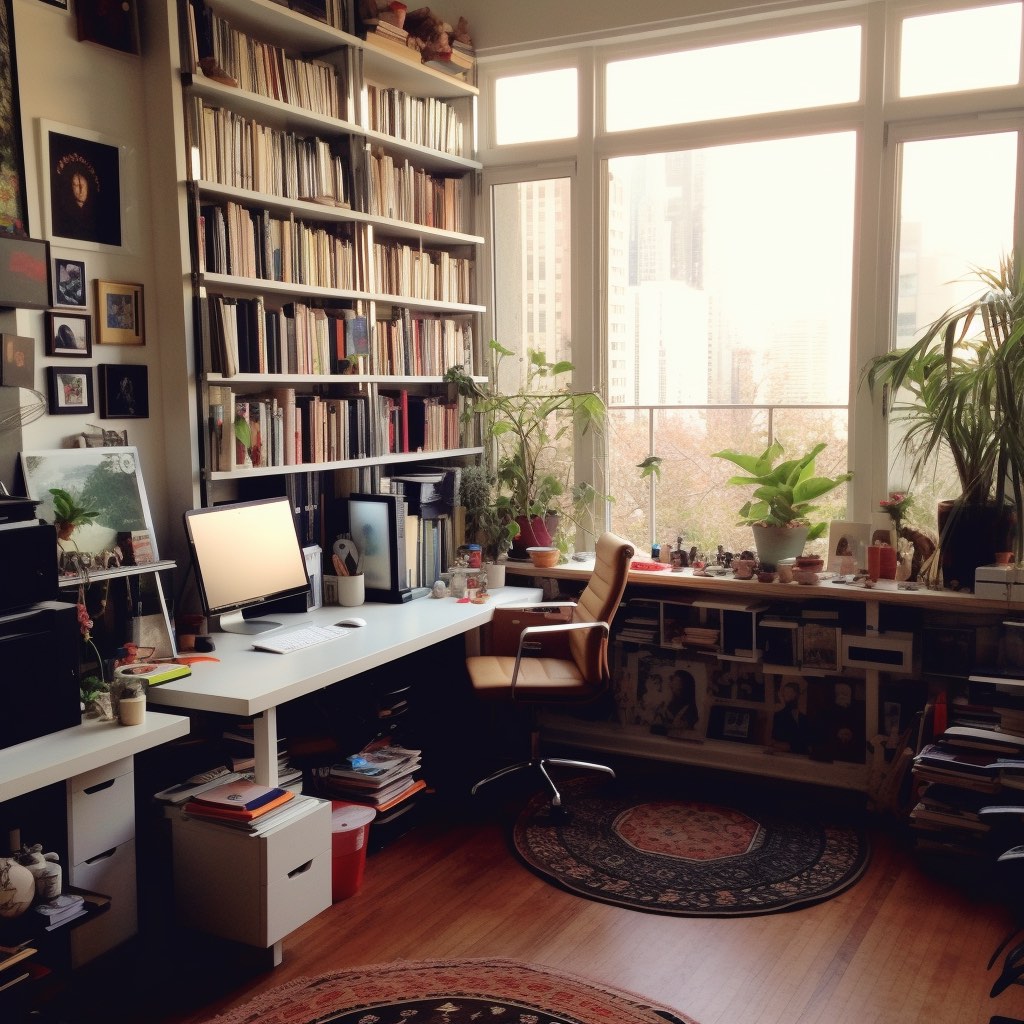 Picture of a cozy home office with big windows and bookshelves.